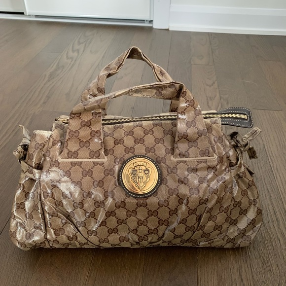 Authentic GUCCI beige/brown Crystal GG Histeria Tote Bag Hand Bag - Picture 3 of 11